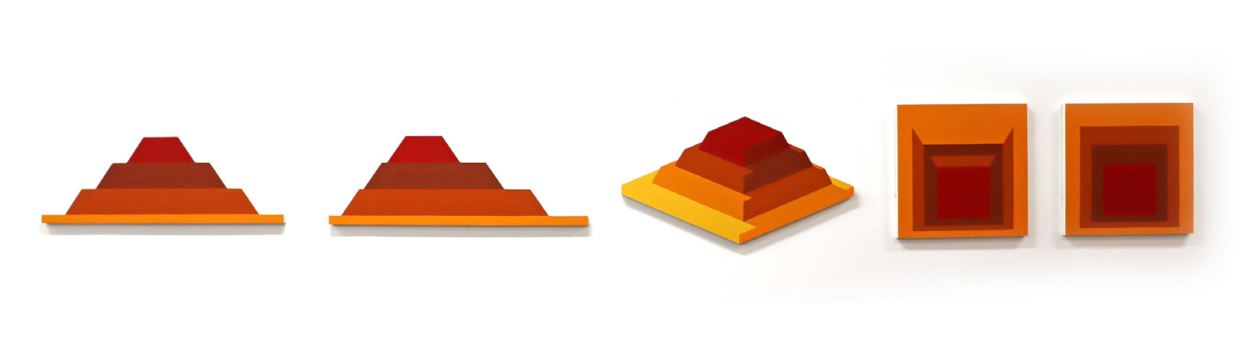 A Study of a Study of Mexico Five geometric wall works in red, orange, and ochre. The first four echo stepped pyramids; the final piece mimics Josef Albers’ Homage to the Square.